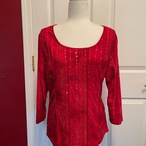 Dressbarn Red Sequin 3/4 Sleeve Blouse